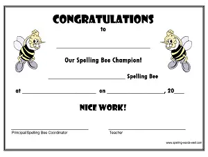 Spelling bee certificate for the champ!