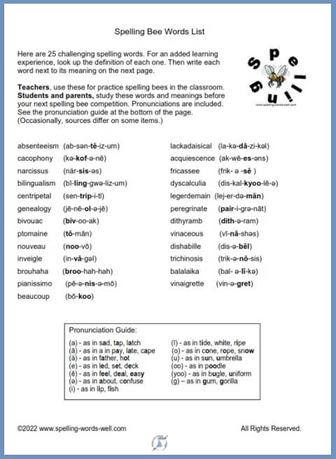 Spelling Bee Words List With Meanings