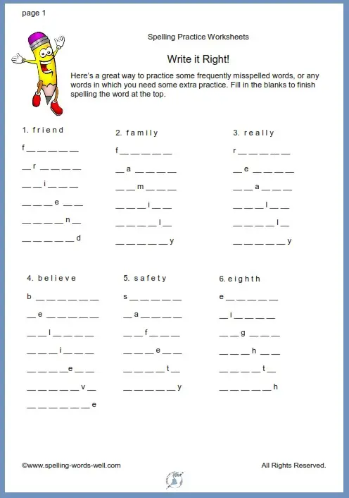 Spelling Practice Worksheet that gives kids lots of practice with some important, frequently misspelled words
