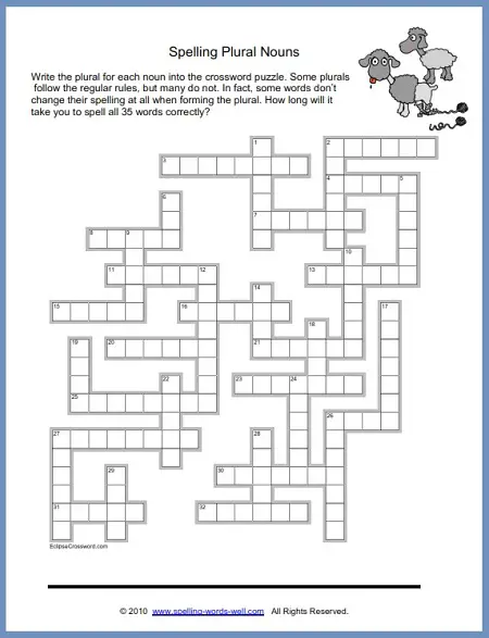 Spelling Puzzles : Crossword for Plural Noun practice