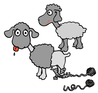 Two cartoon lambs, with balls of yarn following behind them