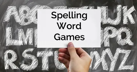 "Spelling Word Games" printed in colorful letter tiles