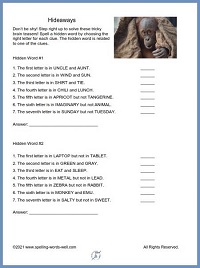Hideaways! One of our most challenging Spelling Worksheets for Grade 5, from www.spelling-words-well.com