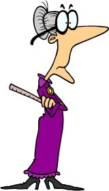 tall, thin teacher with a long purple dress, big glasses, and a ruler