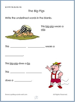The Big Pigs - a word family kindergarten worksheet free from www.spelling-words-well.com