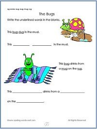 The Bugs - a worksheet for kindergarten featuring the UG family words