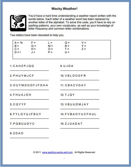 Wacky Weather Cryptogram - 7th Grade Worksheets from www.spelling-words-well.com