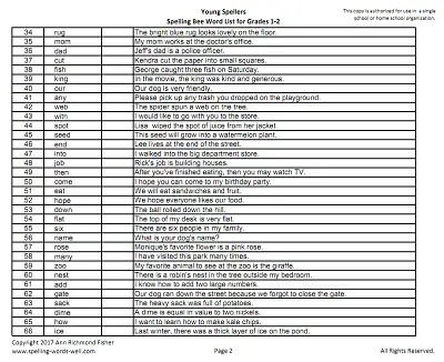 Young Spellers Spelling Bee Word List - sample page